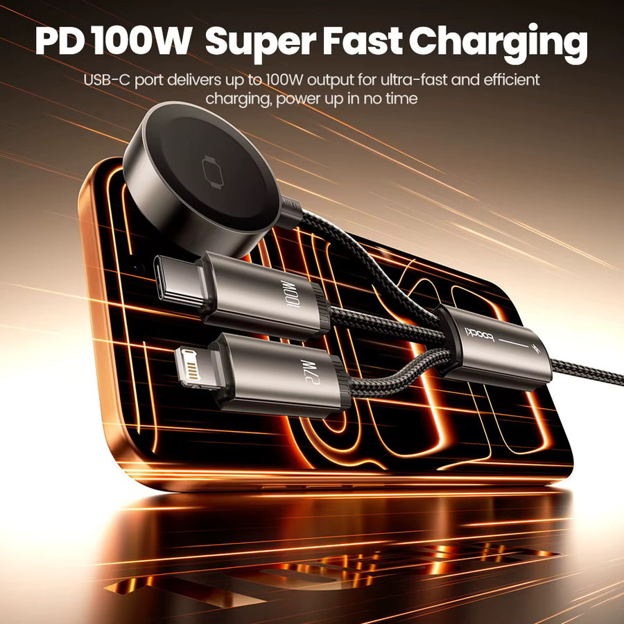 Toocki 3-in-1 USB-C-auf-C-auf-Lightning-Ladekabel mit Uhrenladegerät für iWatch, 100W Schnellladefunktion für iPhone 15, 16, 17 Pro, Schwarz oder Grau - Bild 3