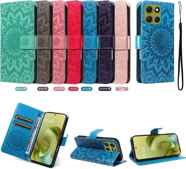 Sonnenblumen Leder-Wallet Schutzhülle für Motorola Moto Edge Serie in Blau mit Magnetverschluss und Kartenfächern - Bild 1