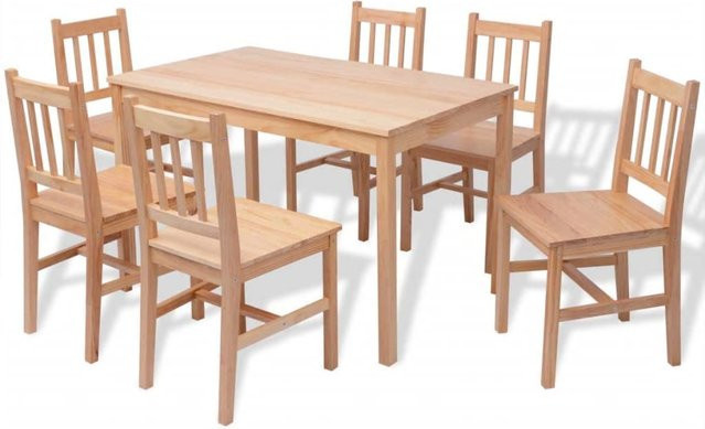 7-teiliges Esszimmertisch-Set aus Kiefernholz in Braun von VD Home Furnishing, rustikaler Esstisch mit rechteckiger Tischplatte und 6 Stühlen - Bild 1