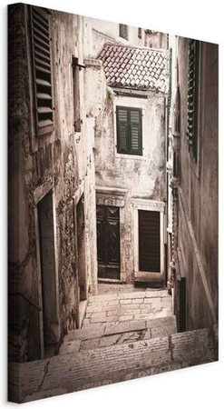 Retro-straße Leinwand Bild im Hochformat als Vintage Wanddekoration mit Holzrahmen, mehrfarbig