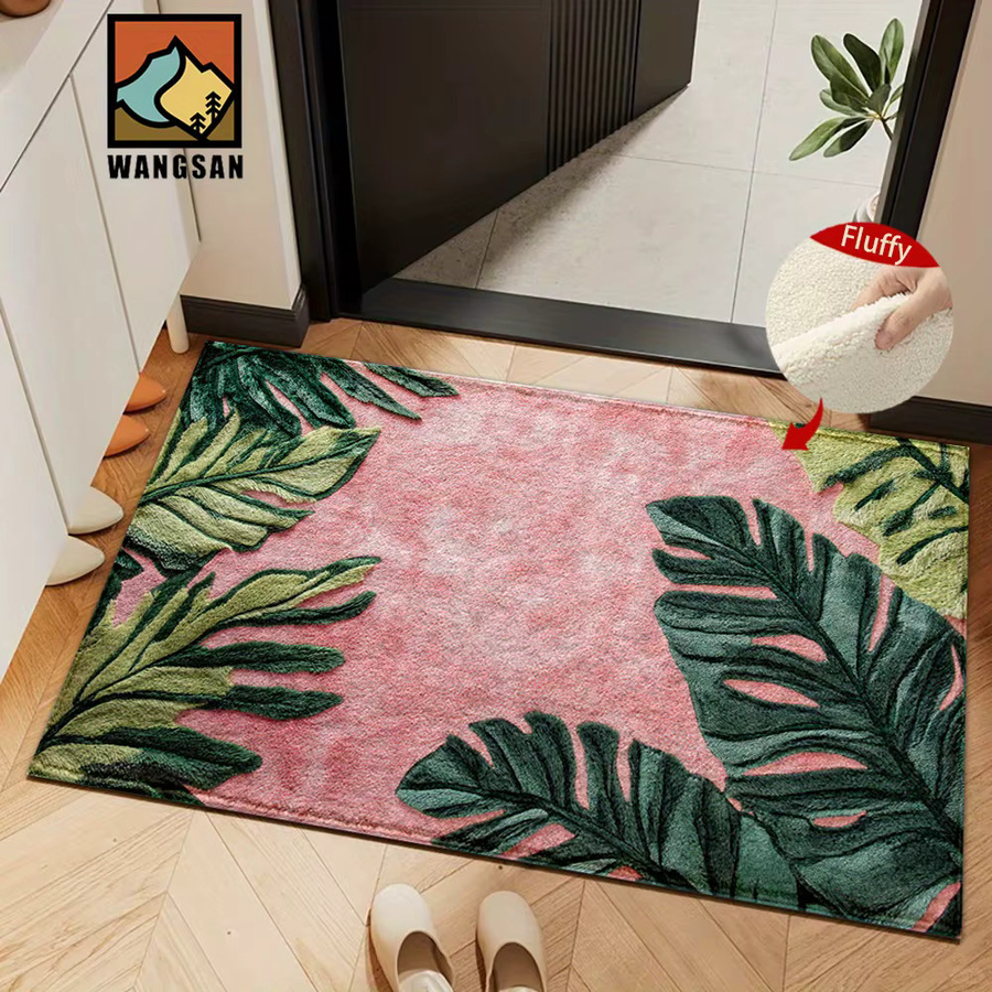 VIKAMA Teppich mit grünem Blattmuster in Rosa und Grün, weiche und saugfähige Fußmatte für Badezimmer, Schlafzimmer oder Wohnzimmer, B/T: 60 x 40 cm - Bild 4