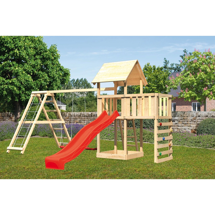 Karibu Spielturm Lotti Doppelschaukel mit Kletterwand und Rutsche Rot - Bild 2