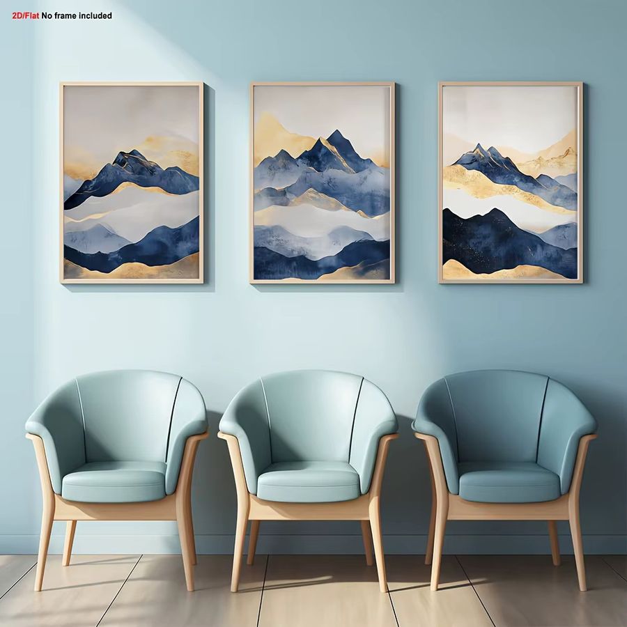 3er-Set moderne Leinwand-Wanddekoration mit abstraktem Berg-Motiv in Blau und Gold - Bild 3