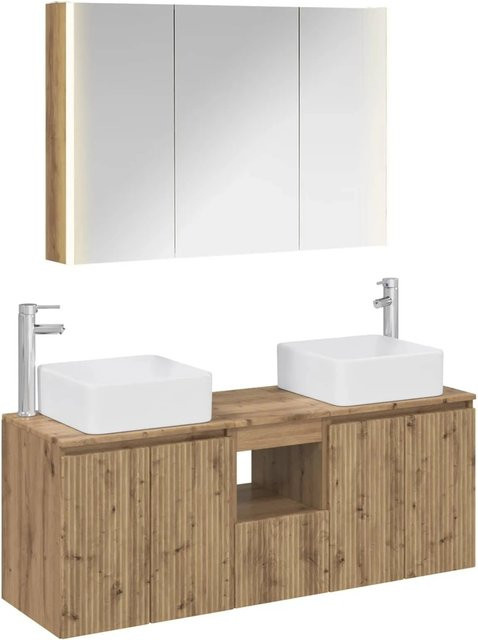 vidaXL Badezimmerschrank-Set 4-teilig in Artisan-Eiche, modern und matt, inklusive Waschtischunterschrank, Spiegelschrank mit LED-Beleuchtung und Wandschränken, Braun - Bild 1