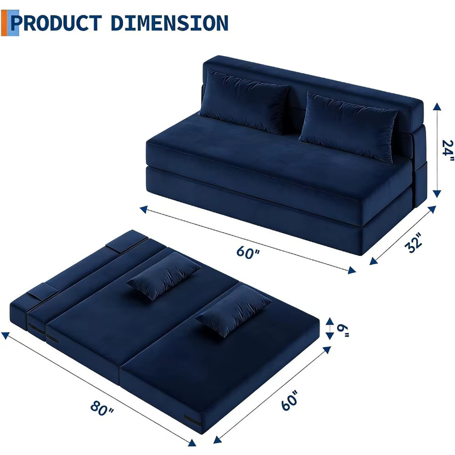 Garvee 2-in-1 Samt-Schlafsofa als 2-Sitzer mit 2 Kissen, ausziehbares Bodensofa mit abnehmbarem Waschbezug, Blau, B/T/H: 200 x 150 x 15 cm - Bild 2