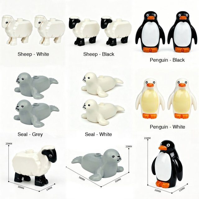 Bausteine für kleine Tiermodelle, Robben, Pinguine und Schafe, Kunststoff, Bunt / Mehrfarbig - Bild 1