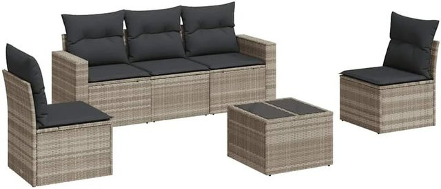 vidaXL 6-teilige Garten-Sofagarnitur aus Poly Rattan in Hellgrau mit Kissen und Couchtisch - Bild 1