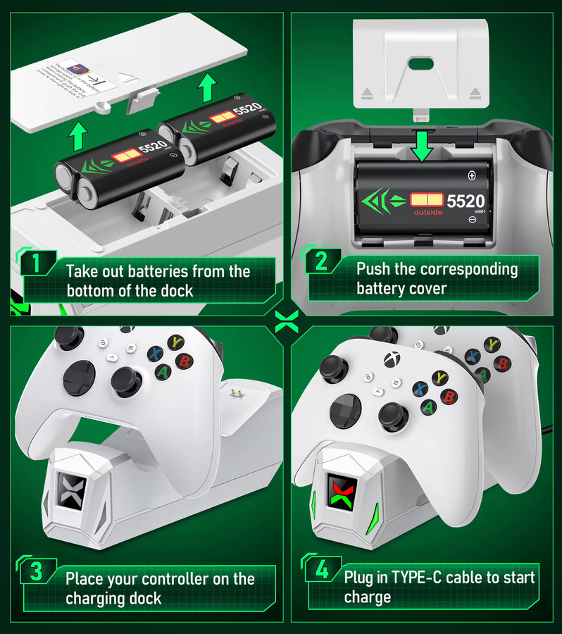 DinoFire Controller-Ladestation mit 2 Akkus für Xbox Series X/S und Xbox One/One X/S/Elite in Weiß - Bild 5