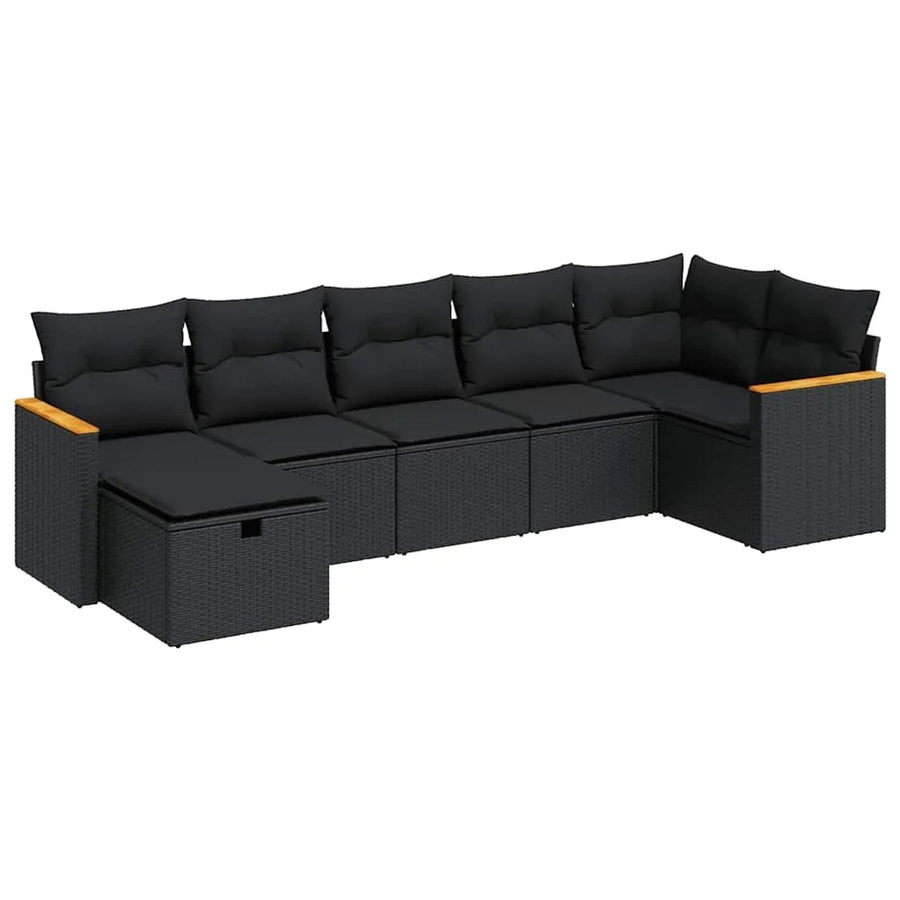 vidaXL 7-teilige Garten-Sofagarnitur in L-Form aus Polyrattan und Akazienholz mit Kissen in Schwarz - Bild 2