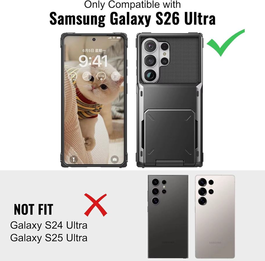 Stoßfeste Hybrid-Schutzhülle für Samsung Galaxy S26 Ultra 6,9 Zoll mit Kreditkartenhalter in Schwarz - Bild 2