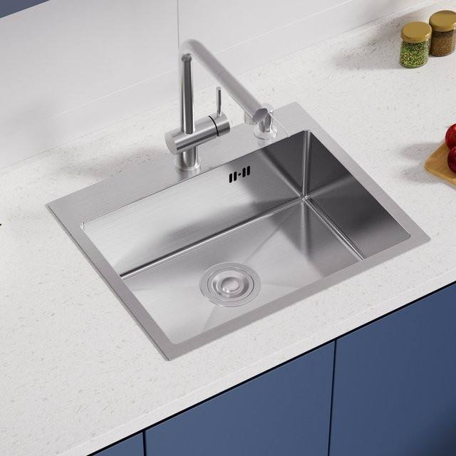 CECIPA max Einbauspüle aus gebürstetem Edelstahl 304 in Silber mit Seifenspender, Siphon und Abflussgarnitur, B/T: 55 x 45 cm - Bild 1