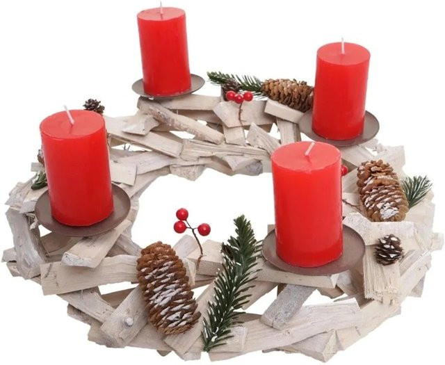 MCW Adventskranz aus Holz in Weiß-Grau mit roten Blockkerzen, Durchmesser: 40 cm - Bild 1