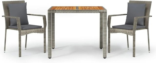 vidaXL 3-tlg Garten-Essgruppe aus PE-Rattan und massivem Akazienholz in Grau mit Kissen - Bild 1