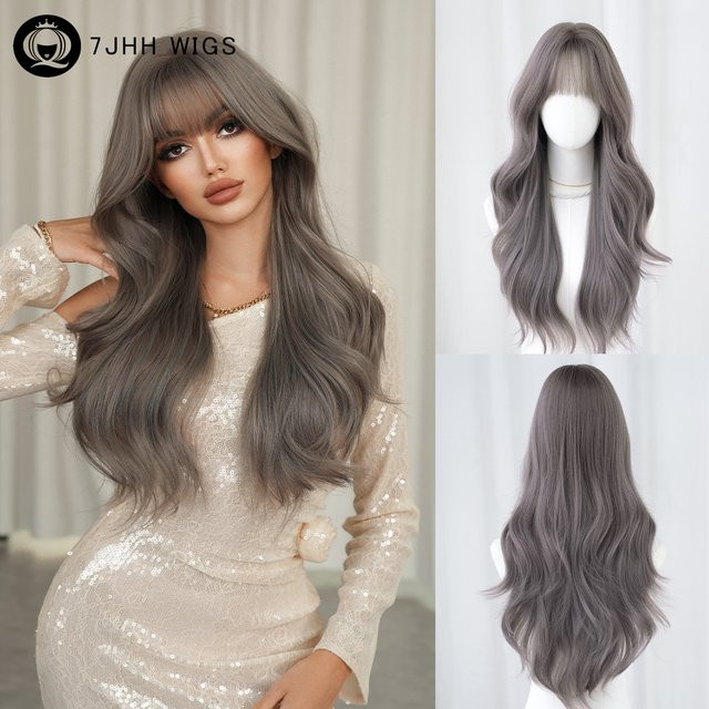 7JHH WIGS Perücke für Damen, lang, gewellt, aschviolett, mit Pony - Bild 1