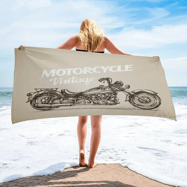 JMG Household Supplies Strandtuch mit Motorrad-Print, schnelltrocknendes Mikrofaser-Handtuch für Männer, Beige, B/H: 70 x 140 cm - Bild 1