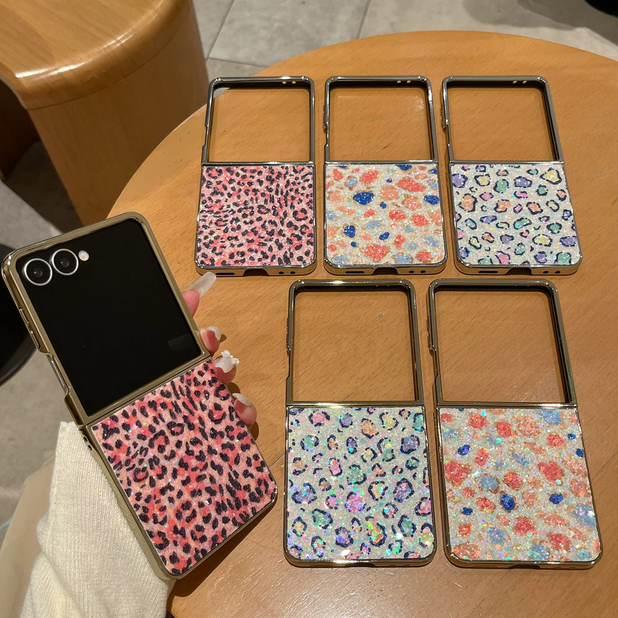 Luxuriöse Samsung Z Flip 7/6/5/4/3 FE Handyhülle mit Silber-Glitzer und Leopardenmuster - Bild 1