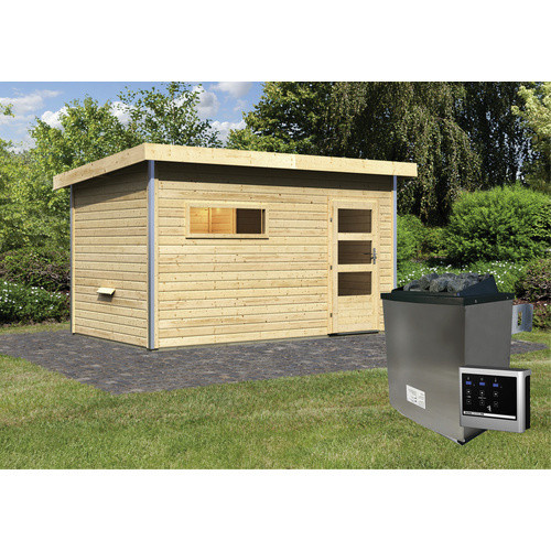 Karibu Saunahaus Schwanenburg 3 in Beige mit 9 kW Ofen und externer Steuerung, B/T/H: 393 x 231 x 239 cm - Bild 2