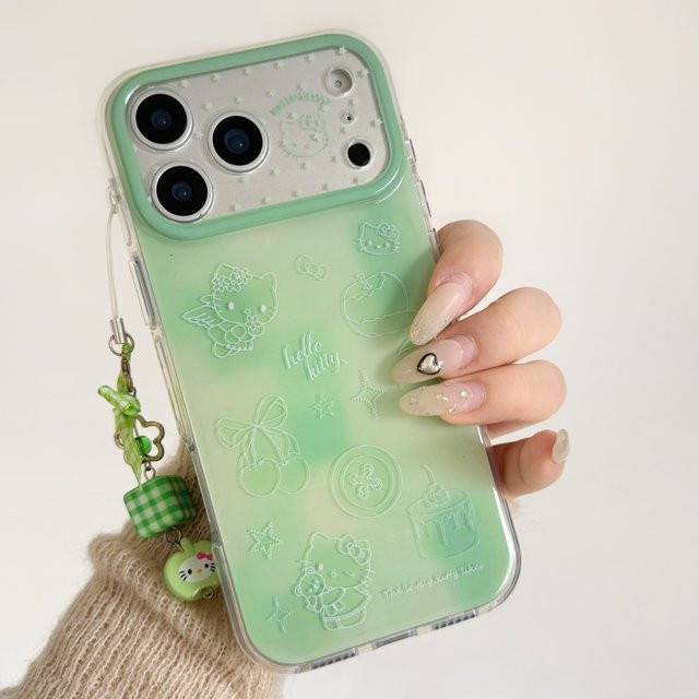 Sanrio Hello Kitty Schutzhülle im Kirsch-Kuchen-Stil für Apple iPhone 17 16 15 Pro Max, stoßfeste doppellagige Hülle mit Anhänger in Grün - Bild 1