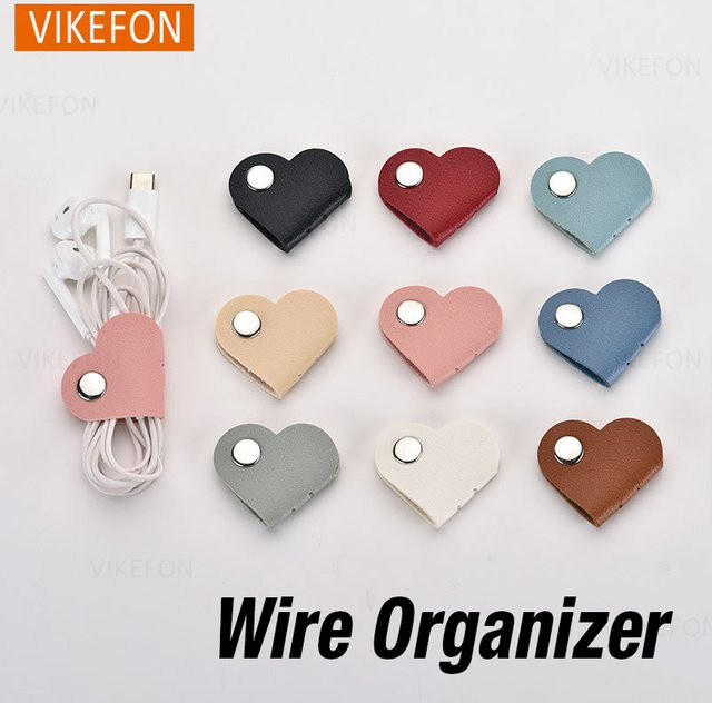 VIKEFON Multifunktionaler Telefon-Datenkabel-Organizer aus PU-Leder in Blau mit herzförmigem Kabelclip zur Datenspeicherung und Aufwicklung von Kopfhörern - Bild 1
