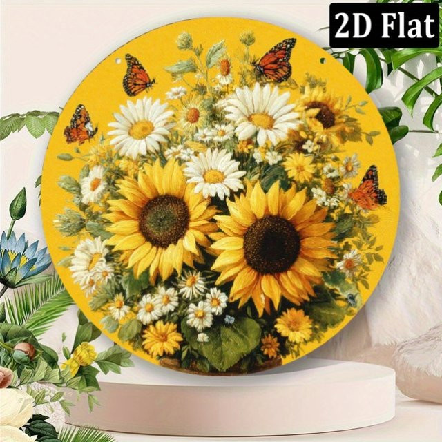 CIFBUY Retro Metall-Wandkunst mit Sonnenblumen und Schmetterlingen, Rundes Rustikales Schild, Durchmesser: 20,32 cm - Bild 1