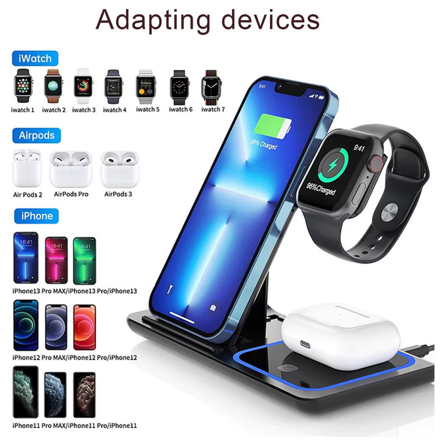 KEPHE 3-in-1 LED-Schnellladestation Schwarz, faltbares kabelloses Ladegerät für iPhone 17 16 15 14, Apple Watch und AirPods Pro - Bild 4