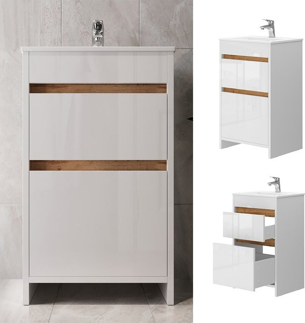 Vicco Badmöbel-Set Detmold 2-teilig in Weiß Hochglanz mit Waschbecken und Waschtischunterschrank - Bild 1
