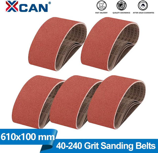 XCAN Schleifbänder Set für Metall zum Polieren und Rostentfernen, 5 Stück, B: 100 mm, L: 610 mm, verschiedene Körnungen - Bild 1