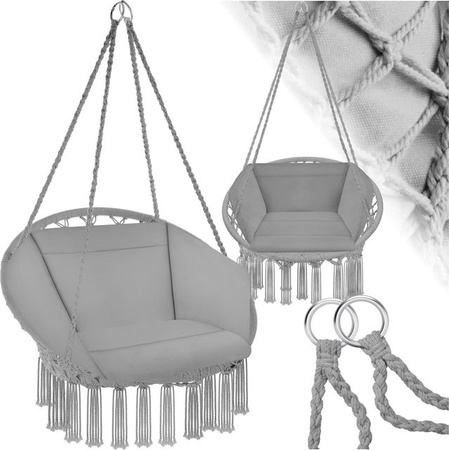 tectake Hängesessel Grazia mit Sitz- und Rückenpolster aus Baumwollgeflecht in Grau, B/T/H: 80 x 72 x 125 cm