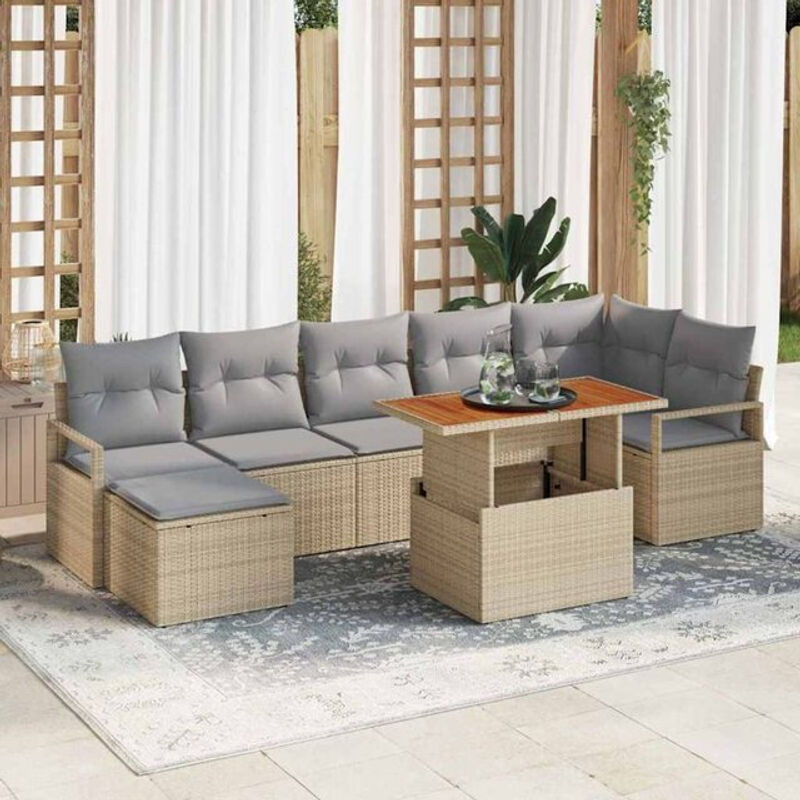 Vidaxl Garten Essgruppe aus Rattan, Metall und Massivholz mit 8 Kissen in Beige und Grau - Bild 1