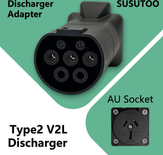 SUSUTOO Typ2 V2L Entladeadapter mit 16A Australischer Steckdose in Schwarz für Elektrofahrzeuge wie BYD, MG, Mazda, Jaecoo, Geely, Deepal, XPENG, Hyundai, Omoda, Leapmotor und GWM Chery - Bild 1