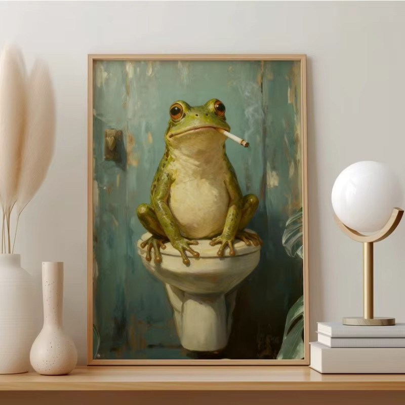 Potdemiel Vintage Leinwandgemälde mit rauchendem Frosch in Mehrfarben, Wandkunst im Moody-Stil für dein Wohnzimmer - Bild 3