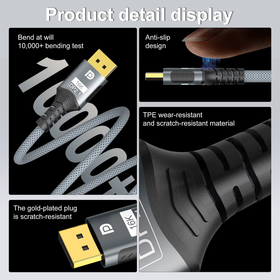 FDBOY DisplayPort 2.1 Kabel in Schwarz für 16K, 8K@120Hz und 4K@240Hz mit 80Gbps und HDR für Laptop, TV, Xbox, Projektor und Gaming-Monitor - Bild 4
