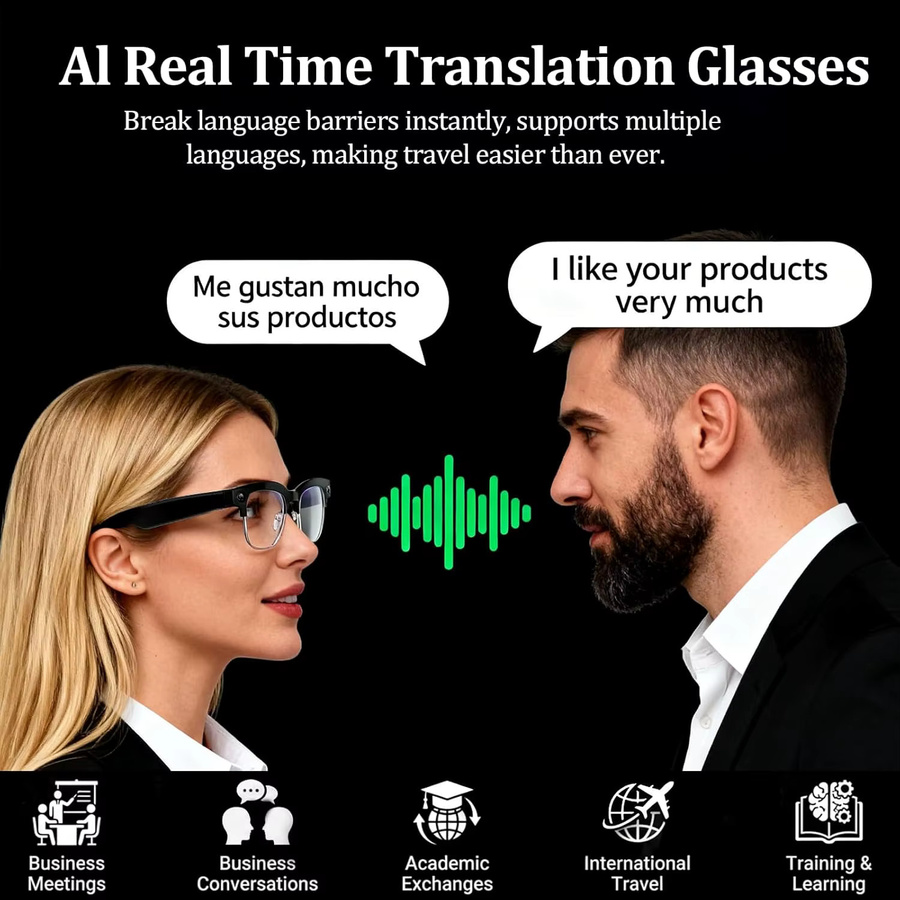 GUHUAVMI Business KI Smart-Brille in Schwarz mit 1080P HD Kamera, ChatGPT-Unterstützung und Übersetzungsfunktion, wasserdichte quadratische Sonnenbrille aus Kunststoff - Bild 4