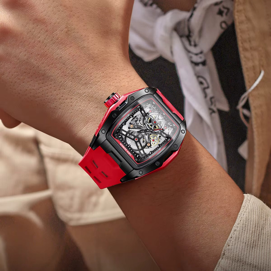 LIGE Armbanduhr Automatik, Skeleton Zifferblatt, Schwarz, Silikon, Herren - Bild 4
