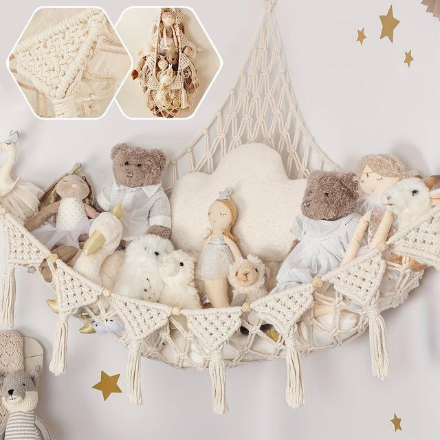 Makramee Kuscheltier-Aufbewahrungshängematte im Boho-Stil für Kinderzimmer, Grau - Bild 1