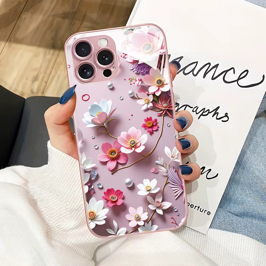 Caynes Handyhülle aus gehärtetem Glas mit mehrfarbigen Blumen für iPhone 11 bis iPhone 17 Pro Max, stoßfest und luxuriös - Bild 3