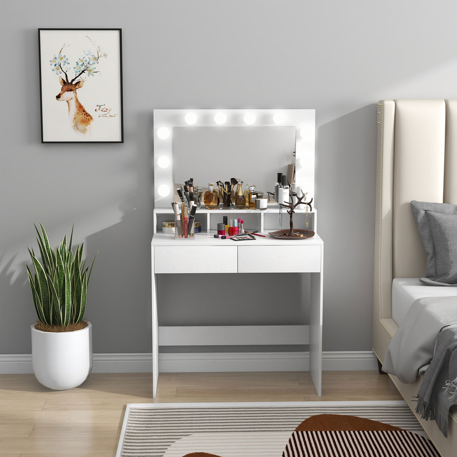 HOMCOM Schminktisch mit Hollywood-Spiegel und 10 LED-Glühbirnen, moderner Friseurtisch mit Schubladen in Weiß, B/T/H: 80 x 40 x 135 cm - Bild 2
