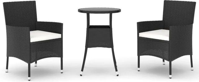 vidaXL 3-teiliges Garten-Bistro-Set aus Poly Rattan mit Kissen und Hartglas in Schwarz und Cremeweiß - Bild 1