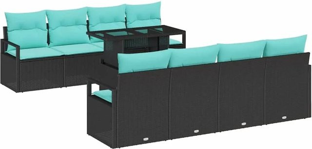 vidaXL Garten-Sofa-Set aus Polyrattan mit 7-teiligem Set und Kissen, Schwarz und Blau - Bild 1