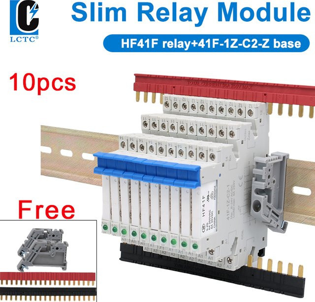 10er Set LCTC Slim Relais Module HF41F für DIN-Schiene, Industrielle Schnittstelle, 5V/12V/24V, 6A, 250VAC/30VDC - Bild 1