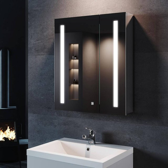 SONNI Badezimmer-Spiegelschrank mit LED-Beleuchtung und Steckdose, Edelstahl-Design mit Touchschalter, Breite: 60 cm, Höhe: 70 cm, Tiefe: 13 cm - Bild 1
