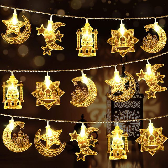 Cyuan LED Ramadan Lichterkette mit Mond und Sternen in Gold/Messing, batteriebetrieben, 1,5 m Länge - Bild 1