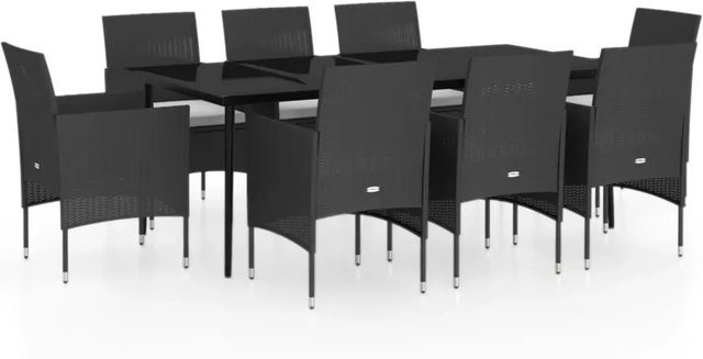vidaXL 9-teilige Garten-Essgruppe aus PE-Rattan und pulverbeschichtetem Stahl in Schwarz mit Glastisch und Kissen - Bild 1