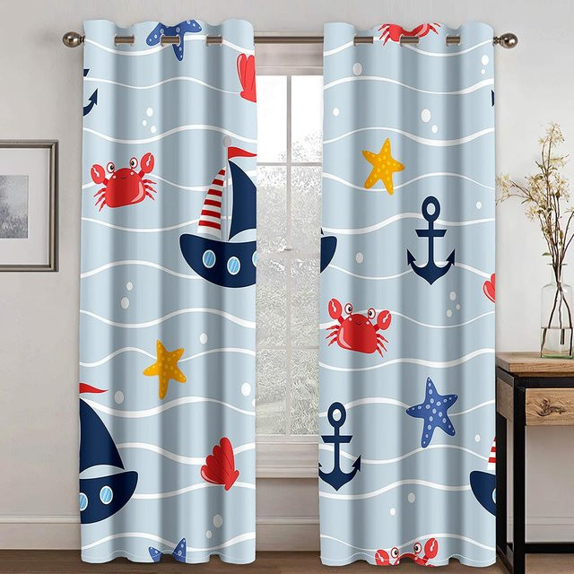 A Family Of Home Textiles Nautische Vorhänge mit Boot Skizze, Schiff, Kompass und Anker, semi-transparent, Blau, 2 Panels, Breite: 200 cm, Höhe: 240 cm - Bild 1