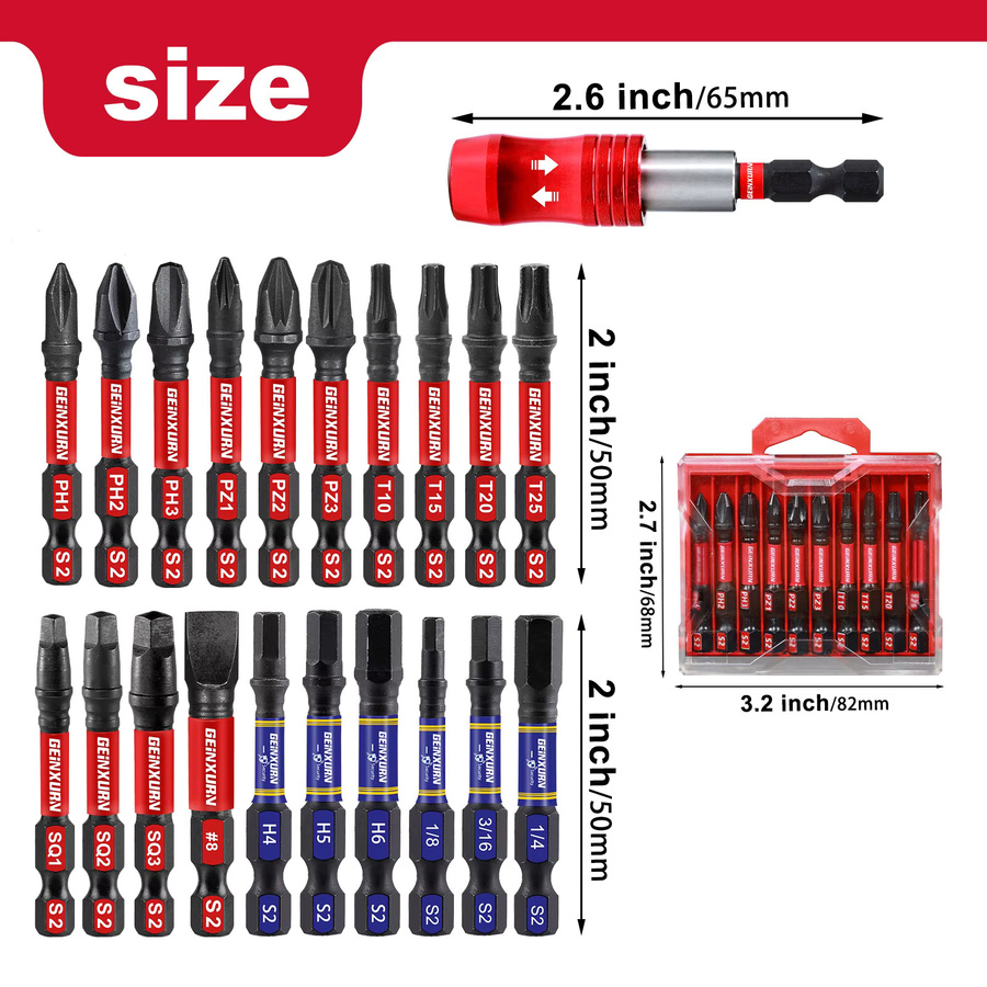 Geinxurn Magnetischer Schlagschrauber-Bithalter 2,6 Zoll mit Schnellwechsel-Steckschlüssel und Schraubendreher-Bit-Set in Rot - Bild 2