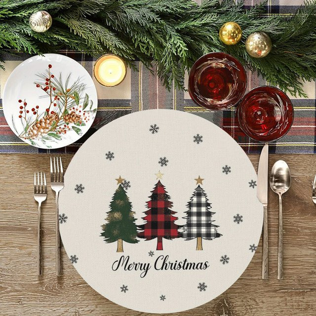 VIKAMA 4-teiliges Set runde Weihnachts-Tischsets aus Leinen mit Weihnachtsmuster für deine Tischdekoration - Bild 1