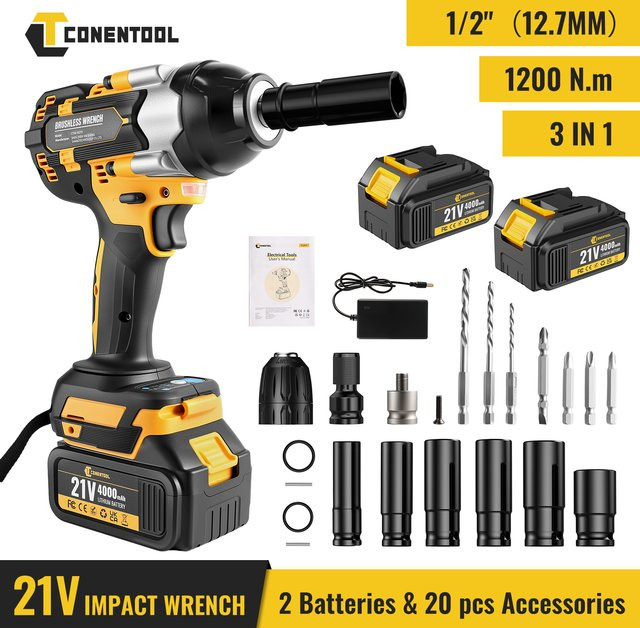 Conentool 3in1 Bürstenloser Akku-Schlagschrauber mit 1200 N.m Drehmoment und 4600 U/min, kompatibel mit Makita LXT 21 V, inklusive 4,0 Ah Akku - Bild 1