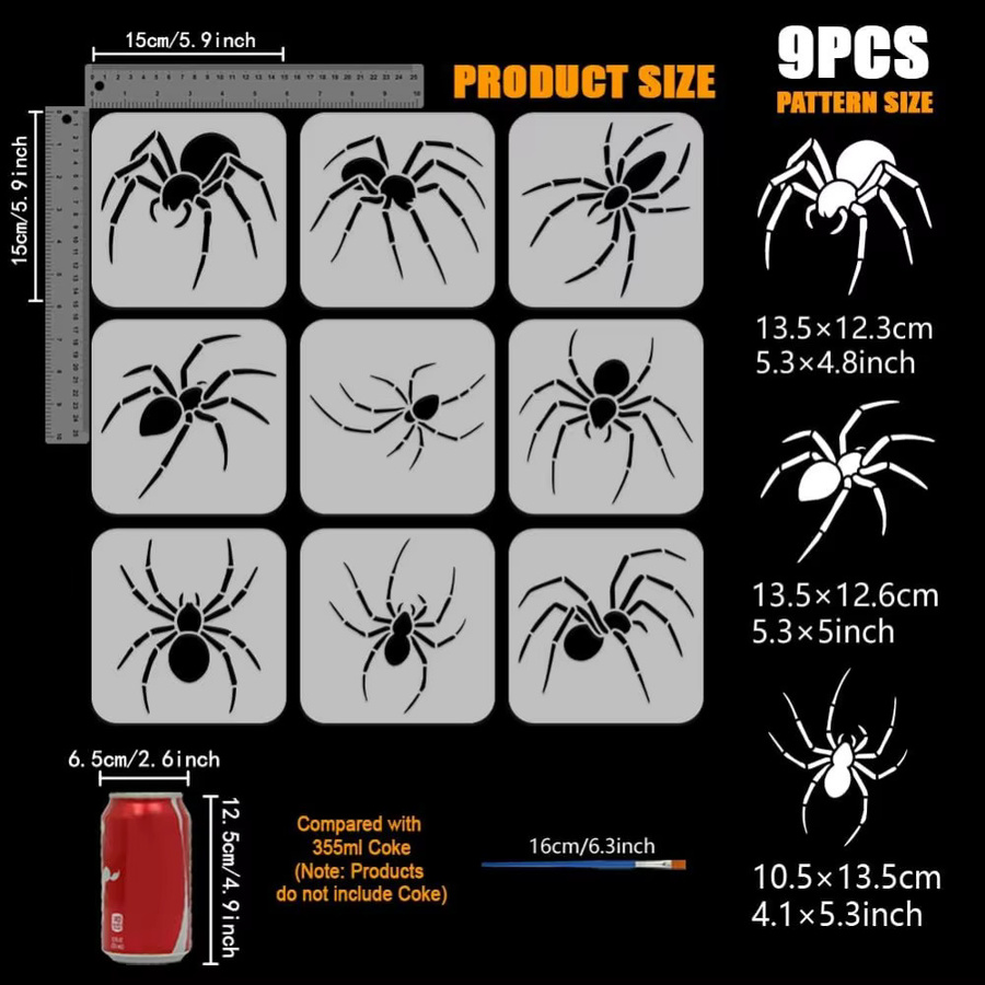 9 Stück Halloween Spinnen-Schablonen mit Kunststoffpinsel, 9 verschiedene Spinnen-Muster, Zeichnungsschablonen für Bastelarbeiten, B/B: 15 x 15 cm - Bild 2