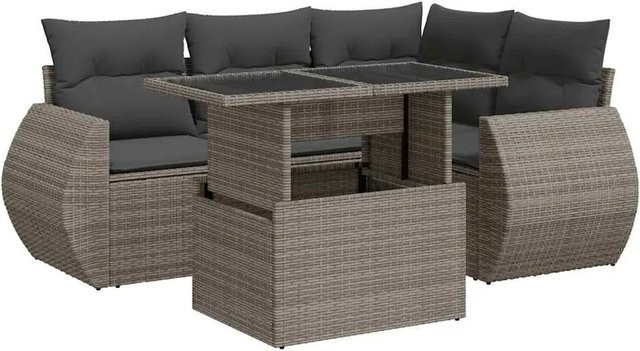 vidaXL 5-tlg Garten-Sofagarnitur in L-Form aus grauem Poly-Rattan mit wetterfesten Kissen und pulverbeschichtetem Stahlgestell - Bild 1