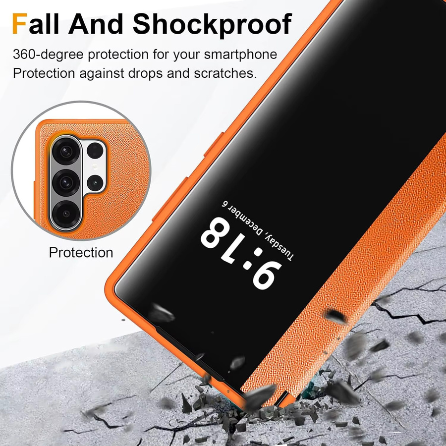 Business Smart View Flip Lederhülle für Samsung Galaxy S26 Ultra, S26+, S25, S24 und S23 Ultra mit Fallschutz in Grün und Orange - Bild 4